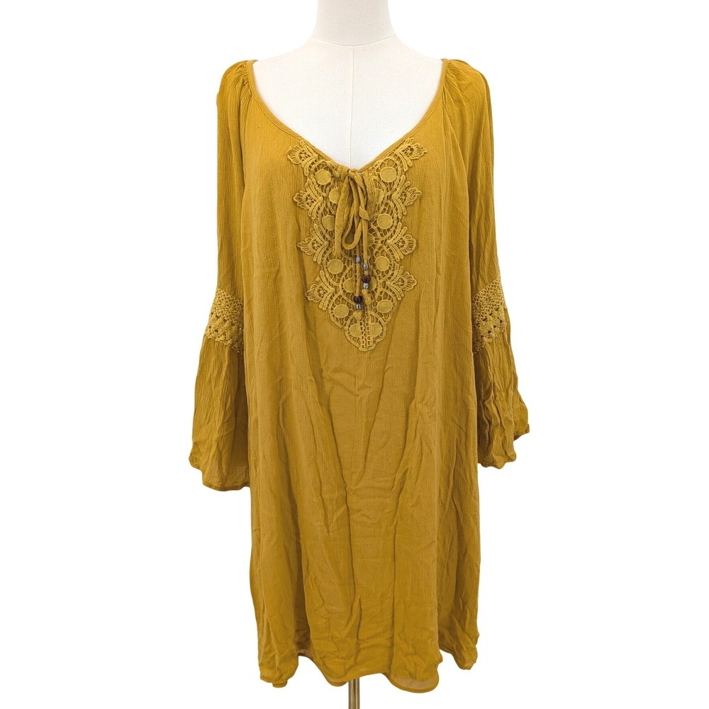 MPH Boho Peasant Tunic Dress Sz 1X Mustard Crochet‎ Lace Flowy Festival Top